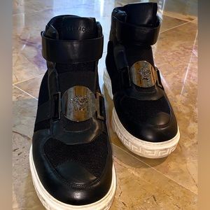 Versace Medusa Plaque Black Leather/Mesh Strap High Top Sneakers